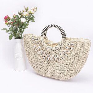 Faux Straw Handmade Shell Embellished Bag